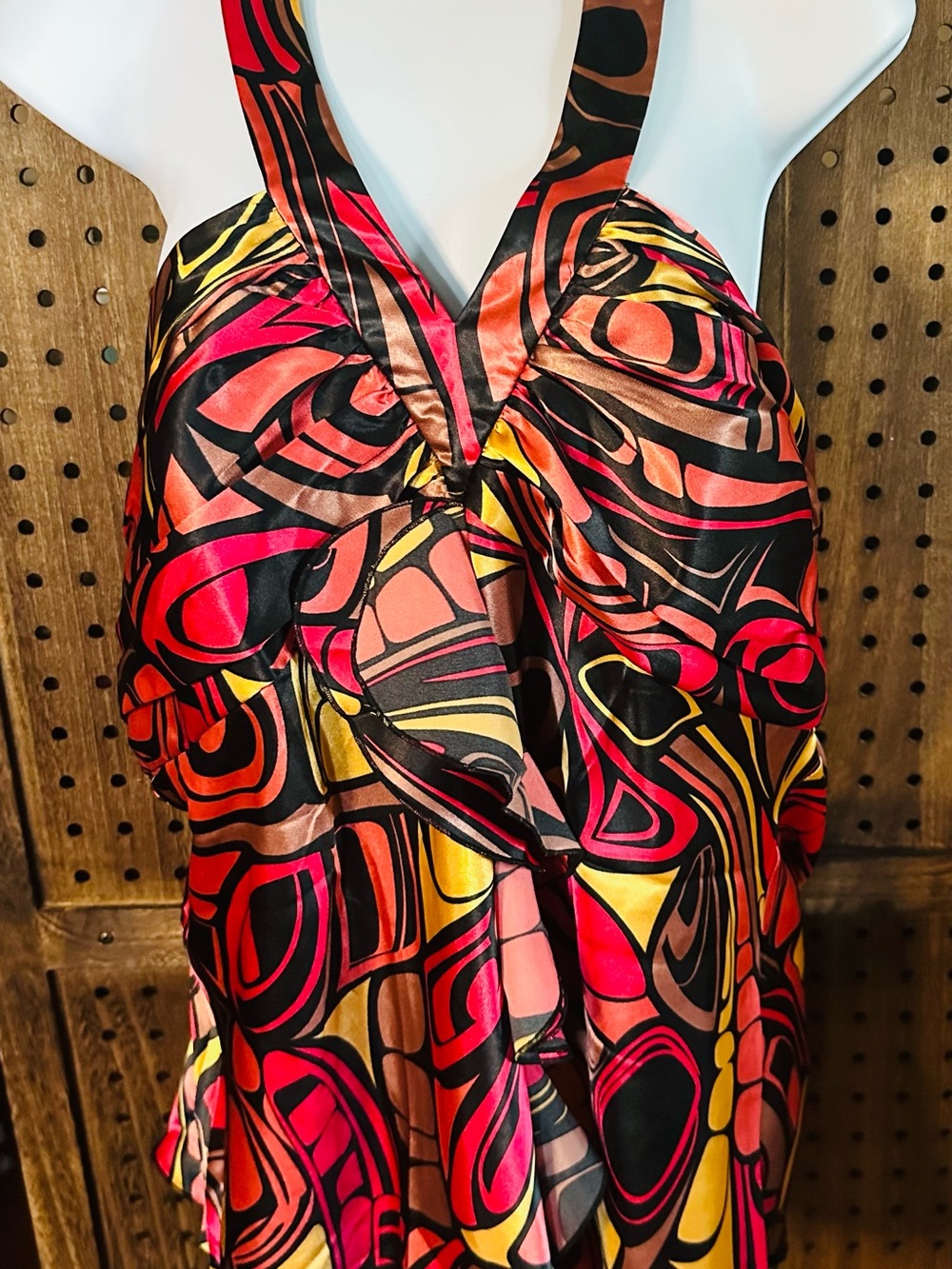 Spense One-Shoulder Abstract Dress in Red, Pink, Orange, Yellow and Black
